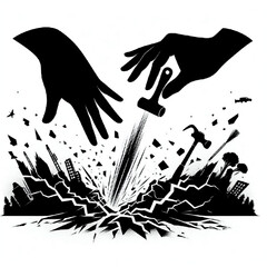 silhouette of hands in earthquake destruction