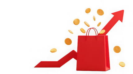 Red shopping bag, upward arrow, gold coin, finance, investment