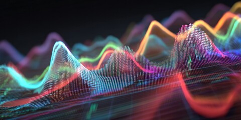 Abstract colorful data visualization with waves and peaks on a dark background in a digital style