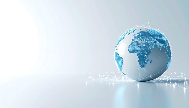 Digital Earth with glowing network lines showing global connection on a bright background.