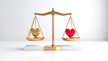 Golden balance scale with a red and gold heart on the pans, showing equilibrium against a white background.