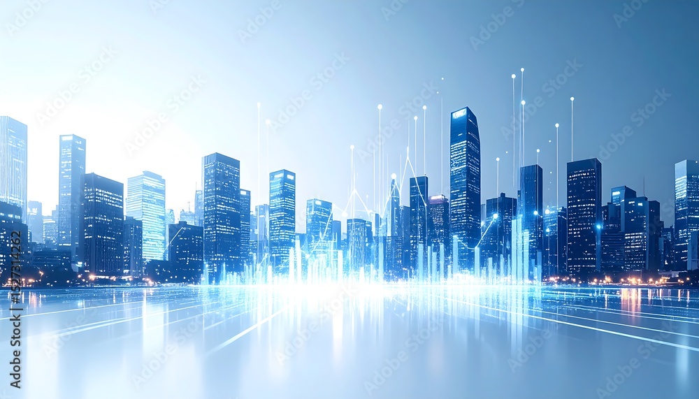 Poster modern city skyline with glowing digital network lines and data graphics symbolizing urban technolog