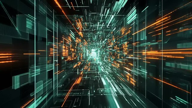 Futuristic digital tunnel with glowing data streams, representing technology and innovation - Powered by Adobe