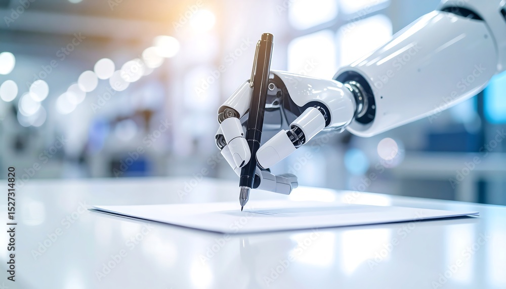 Aufkleber robot hand writes on paper with pen, symbolizing automation and future technology.