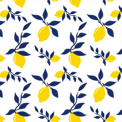 Tropical seamless pattern with yellow lemons. Fruit repeated background. Vector bright print for fabric or wallpaper.