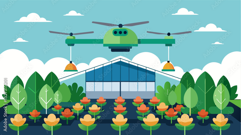 Poster an illustration of an automated fertilizer drone hovering above different sections of the greenhouse