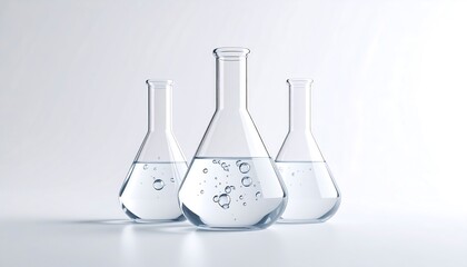 Three laboratory flasks with liquid and bubbles on a white background, depicting chemistry or research.