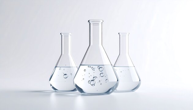 Three laboratory flasks with liquid and bubbles on a white background, depicting chemistry or research.
