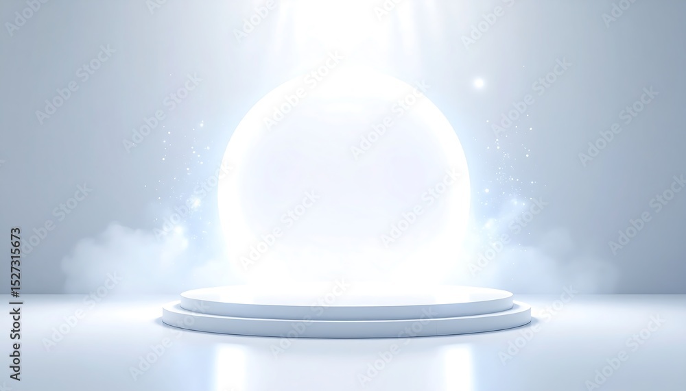 Poster white circular platform with a large glowing sphere and soft light effects, ideal for product displa