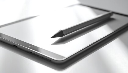 White tablet and pencil in monochrome light and shadow, a blend of digital and analog tools.