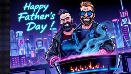 Two men barbecuing with city skyline background for Father's Day  