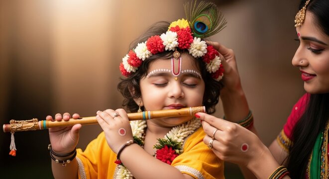 Child krishna flute player hinduism indian culture traditional festival janmashtami