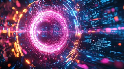 Obraz premium A futuristic AI core surrounded by pulsating neon cables transmitting digital energy 