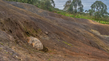 Fototapeta premium Colorful sand hill. Green vegetation on the slope, boulders. The trees are far away. Clouds in the sky. Mauritius, 23 colored earth. La Vallée Des Couleurs Nature Park.