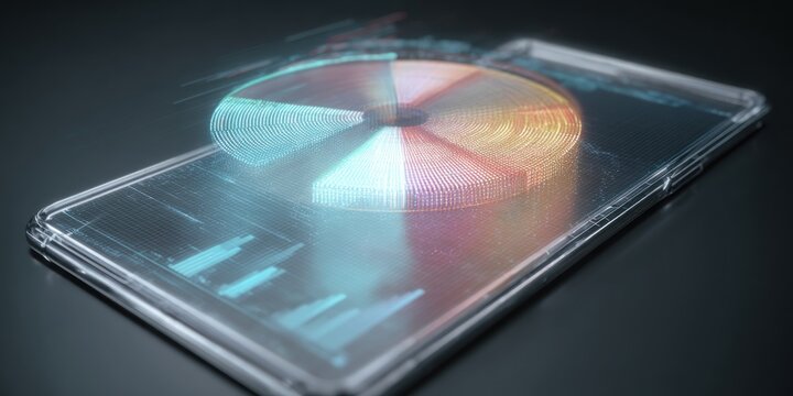 A smartphone displaying a holographic pie chart and bar graphs on a dark reflective surface