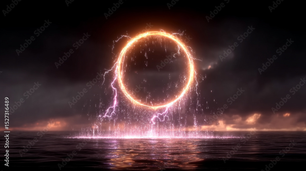 Aufkleber an abstract image of a glowing circle surrounded by lightning and water reflection