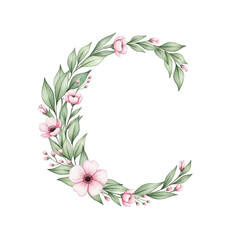 Floral alphabet C with watercolour flowers and leaf on a transparent PNG Background. Monogram initials perfect for wedding invitations, greeting card, logo, poster and other design