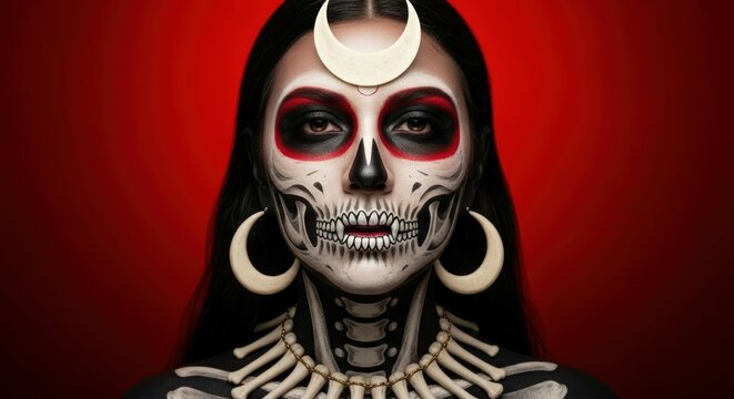 Halloween skull makeup woman face paint costume party spooky celebration art