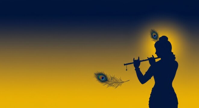 Gradient from midnight blue to golden yellow with soft silhouette of Krishna playing flute, glowing aura, left copy space