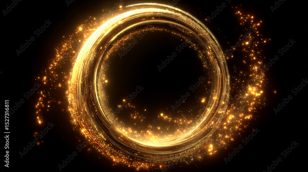 Poster glowing golden light circle with sparkles on a dark background abstract design