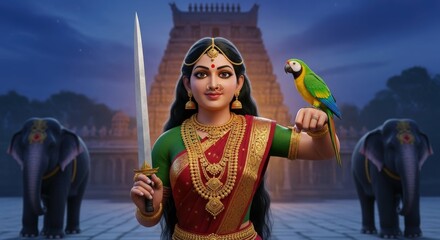 Fototapeta premium Indian goddess with sword parrot elephant temple hinduism divine mythology art
