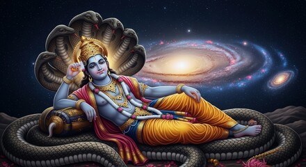 Obraz premium Vishnu hindu god hinduism sleeping on shesha naga galaxy hindu deity art