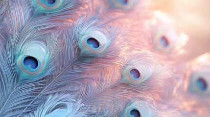 Close up of pastel peacock feather. Concept of dreamy landscape, fairy tales, fantasies