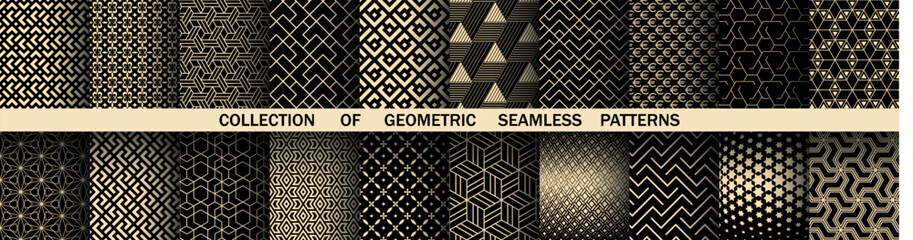 Geometric set of seamless black and golden patterns. Simple vector graphics