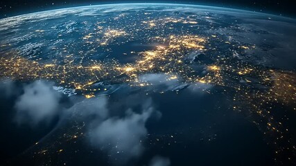 Aerial view of Earth at night showcasing vibrant city lights and cloud formations over Europe