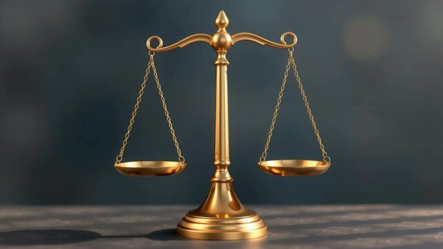 A golden balance scale stands on a table, symbolizing justice and fairness with a blurred blue background.