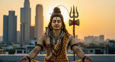 Shiva meditation yoga hindu god india spiritual deity trident cityscape sunset