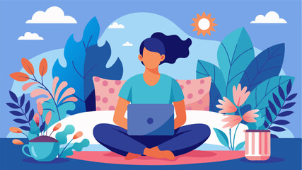 In a cozy bedroom a remote worker sits crosslegged on a floralpatterned bed surrounded by vibrant plants and artwork. The soft sound of waves can be heard from the nearby beach. Vector illustration