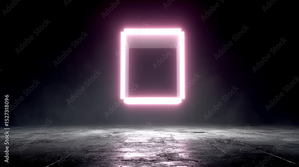 Wall mural abstract neon cube: illuminated geometric shape in a dark, atmospheric environment
