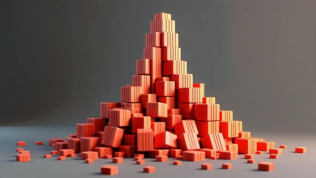 A pyramid-shaped stack of orange rectangular blocks arranged on a gray surface.