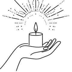 Hand holding candle with glowing light in single line outline vector  