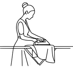 Woman ironing clothes on an ironing board in a minimalistic style - Concept of single line outline vector  
