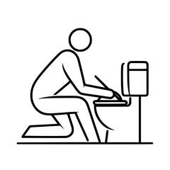 Line drawing of a person cleaning a toilet in a restroom, single line outline vector  