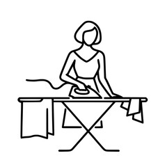 Woman ironing clothes while standing at an ironing board, single line outline vector  