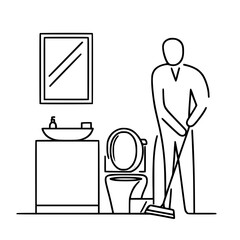Man cleaning toilet with mop in bathroom - Concept of single line outline vector  