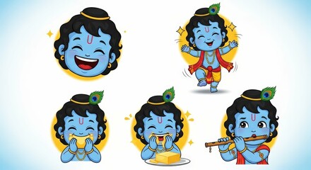 Cute krishna cartoon vector illustration krishna janmashtami krishna playing flute