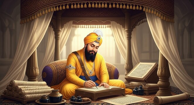 Sikh guru writing golden temple india religion culture traditional turban beard