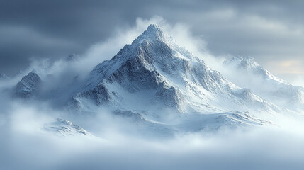 Majestic mountain peaks rise above snowy landscape, shrouded in mist and clouds
