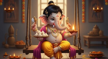Baby ganesha hindu god swing diwali festival celebration hinduism spirituality