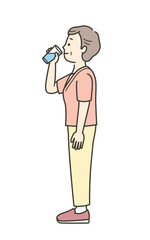 水を飲むシニア女性の全身イラスト
