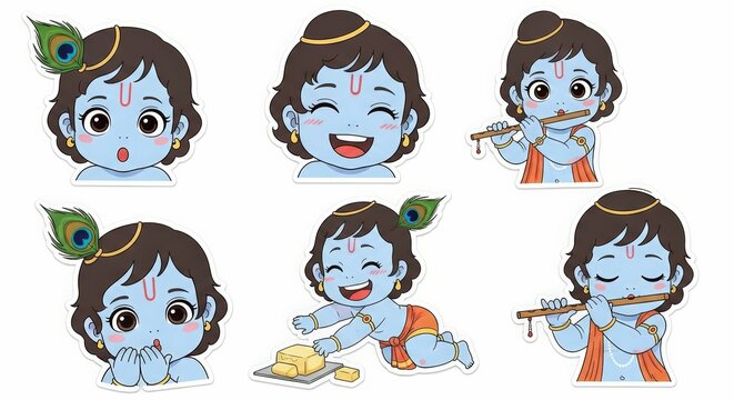Cute krishna stickers krishna janmashtami hindu god illustration set vector