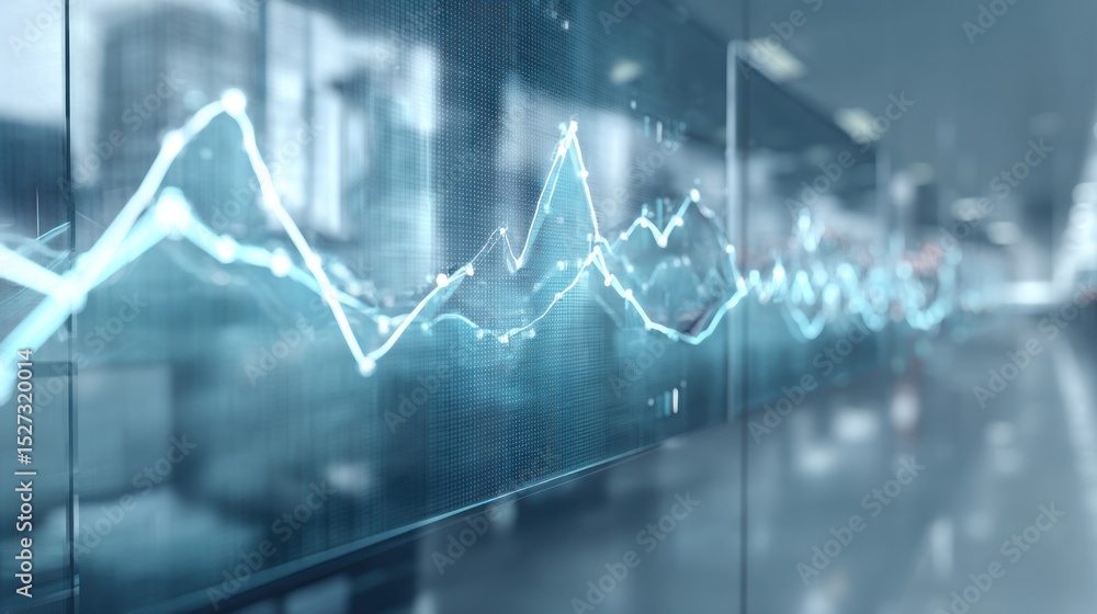 Poster a blue line graph with peaks and valleys displayed over a blurred background in a light blue color
