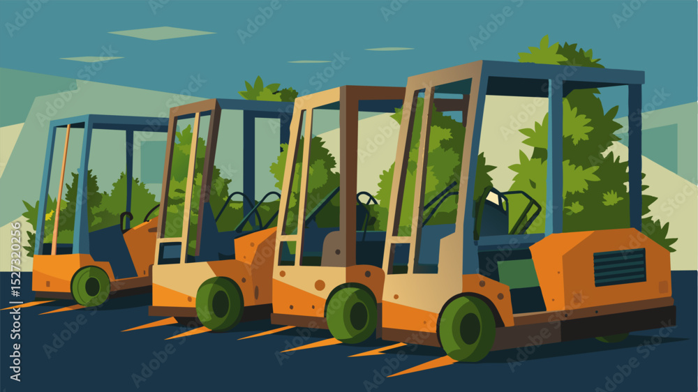 Aufkleber a row of abandoned forklifts their seats overgrown with weeds and their onceshiny paint now peeling 