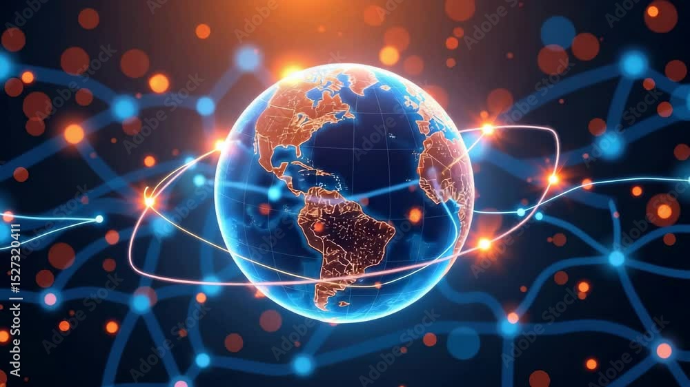 Poster a glowing digital earth surrounded by interconnected networks and data points, symbolizing global co