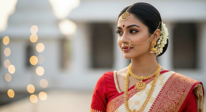 Indian bride wedding jewelry portrait saree traditional gold necklace maangtikka