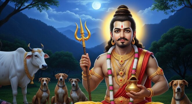 Lord ayyappan swamy hindu god with cow dogs trident gold jewelry spiritual art